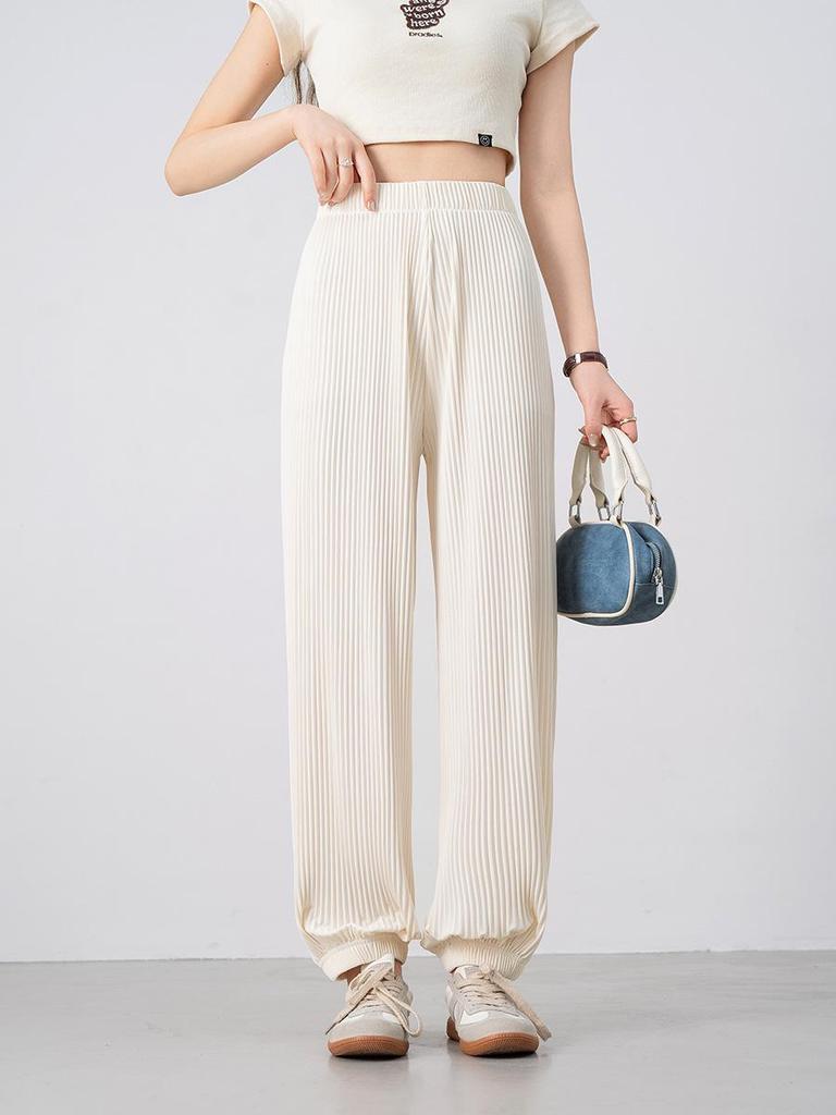 Women's Summer Ice Silk Pleated Wide-Leg Joggers: Slimming, Versatile & Loose-Fit Nine-Point Pants