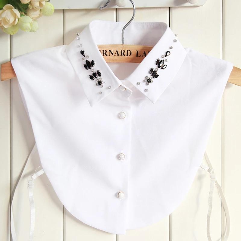 Linbaiway Fashion Women Fake Collar Shirt Beads Detachable Collars Chiffon Lapel Blouse Top Female White Clothes Decor