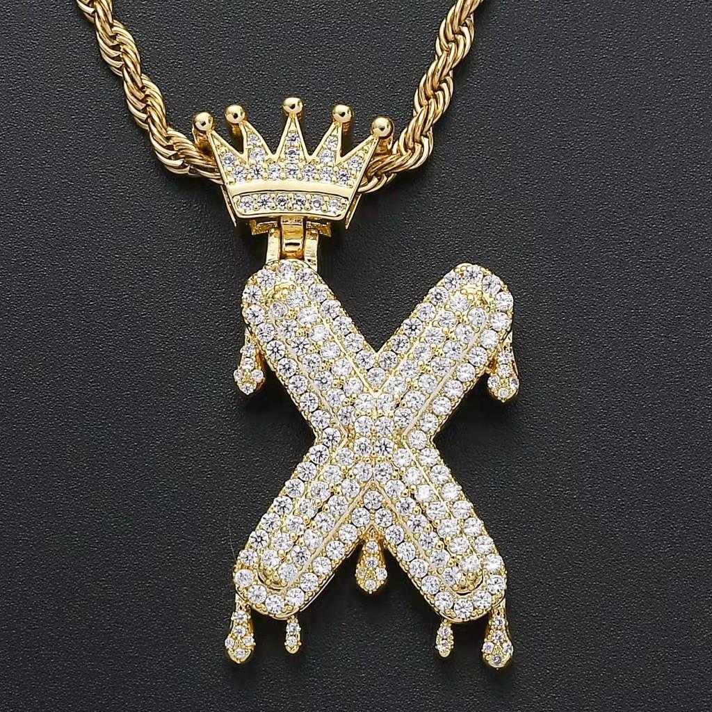Stylish Hip Hop Zircon Crown Pendant Necklace with 26 English Letters for Women