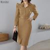 ZANZEA Women Casual Turn Down Collar Long Sleeve Solid Dress