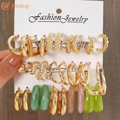 15pair/set Hoop Earring Set Vintage Resin Artificial Pearls Twist Gold Earings for Women Accessories Jewelry