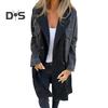 Women Spring Fall Coat Denim Jacket Overcoat Patchwork Double-breasted with Flap Pockets Colorblock Mid Length Lady Overcoat
