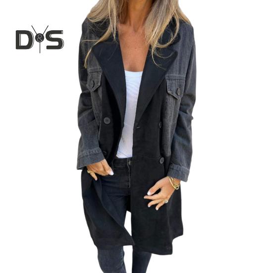 Dámské Jaro Podzim Kabát Džínová bunda Kabát Patchwork Dvouřadý s kapsami s klopou Colorblock Dámský kabát střední délky