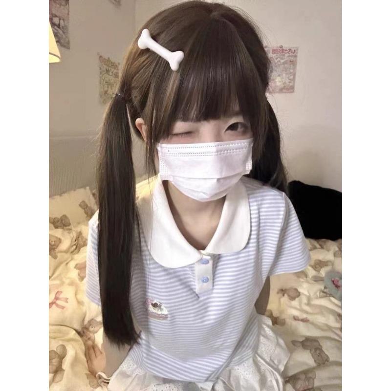 Kawaii słodkie paski T-shirty damskie japońska moda preppy styl kreskówka haft koszulki topy miękka dziewczyna lato Y2k