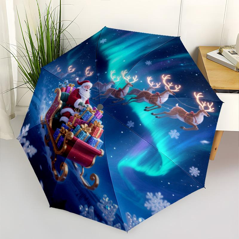 Christmas Santa & Rainbow Unicorn Print Umbrella, Compact Auto Open/Close Travel Umbrella, Windproof Waterproof for Holiday Season