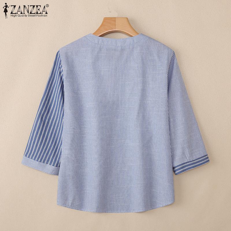 ZANZEA Women Casual V-Neck 3/4 Sleeve Loose Stripe Blouse