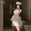 Sexy underwear sweet pure wind printing nightdress women plus chest pad suspender ice silk nightdress suit