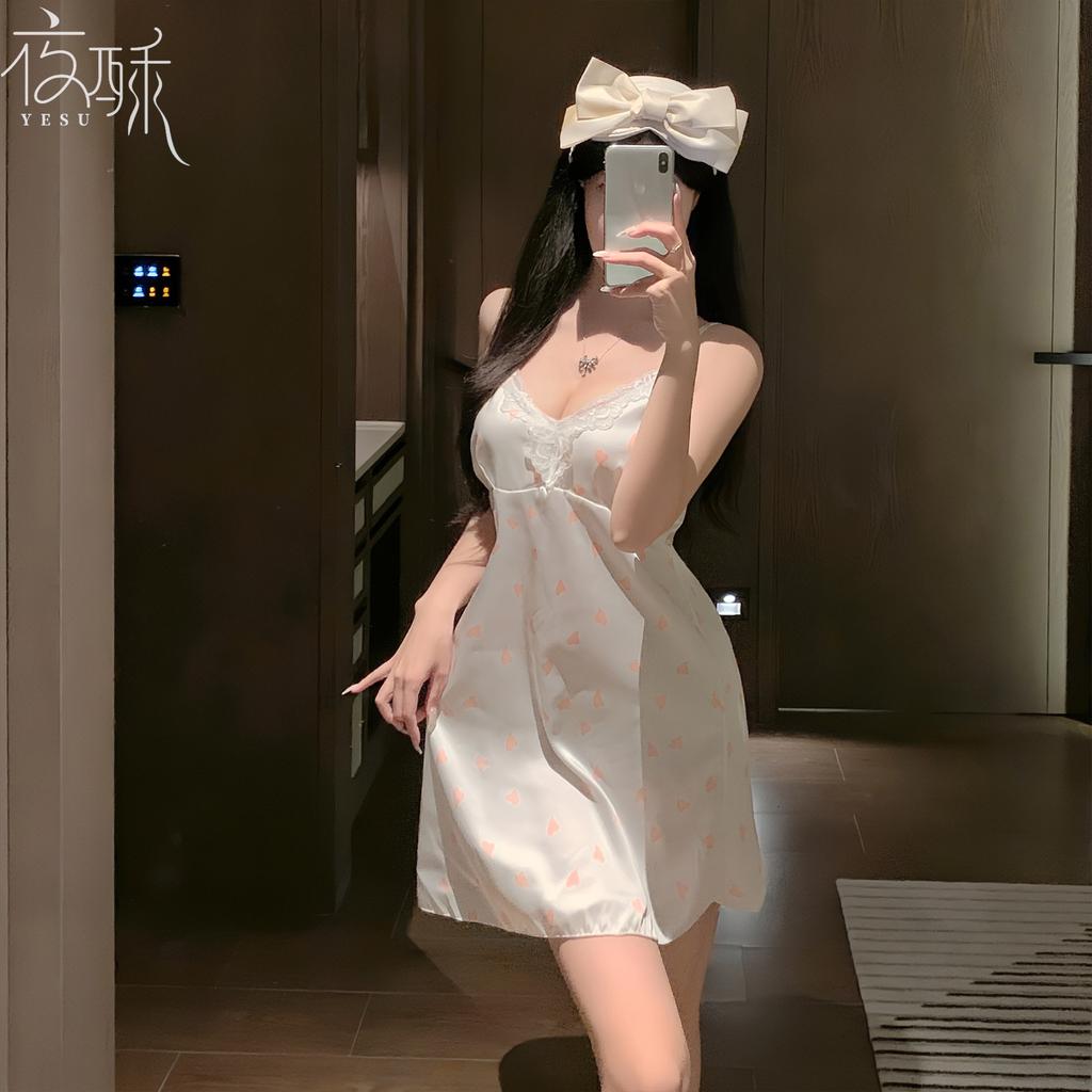 Sexy underwear sweet pure wind printing nightdress women plus chest pad suspender ice silk nightdress suit