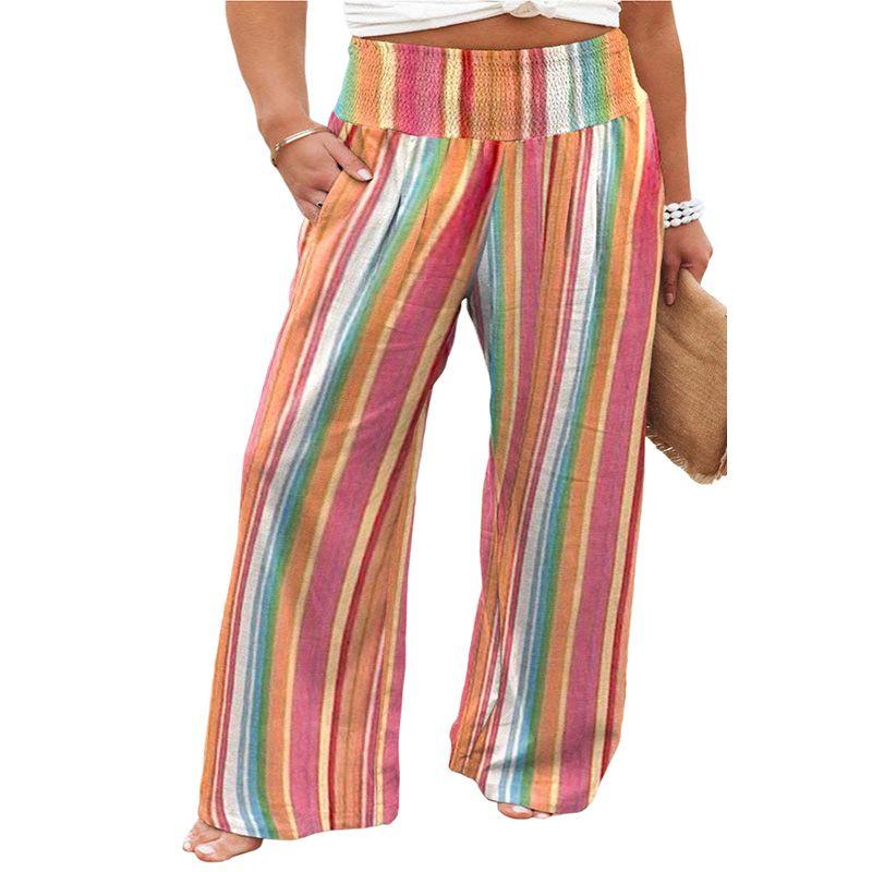 

2025 Summer New Arrival Color Stripes High Waist Loose Pants European and American Leisure Women Loose Easiest for Match Oversized Trousers Women Stripes 3XL fit (82.50 kg-90.00 kg