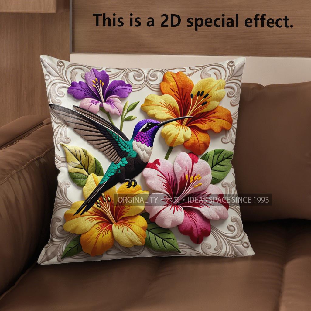 2D Hummingbird Floral Print Decorative Pillow Covers Pattern Cushion Cover Suitable For Sofa Bedroom Car Pillow Cover