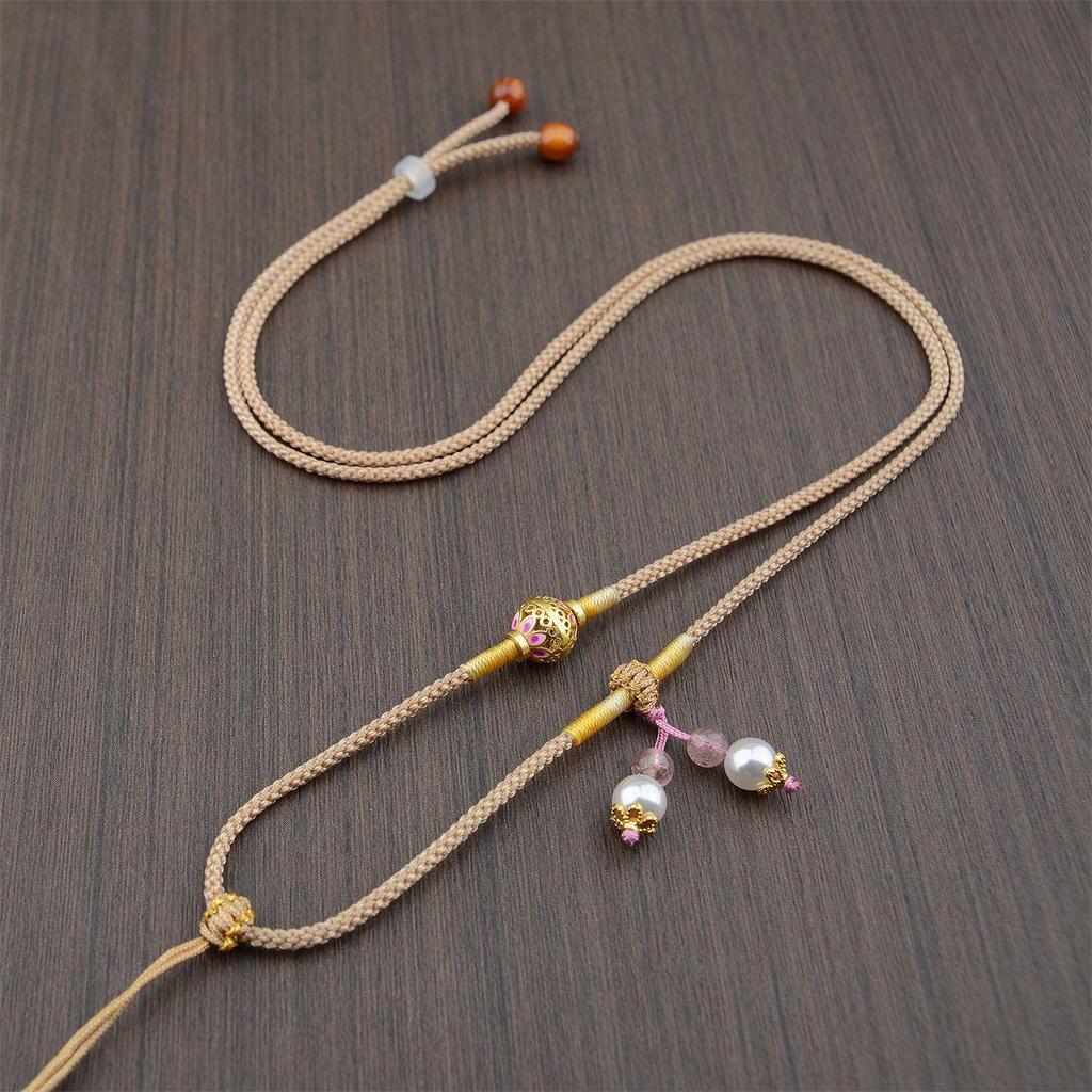 Premium Hand-woven Necklace: Gold Amber, Crystal, and Jade Pendant Cord