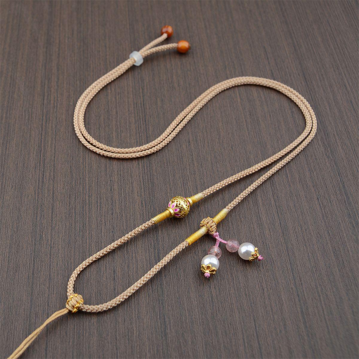Premium Hand-woven Necklace: Gold Amber, Crystal, and Jade Pendant Cord хаки