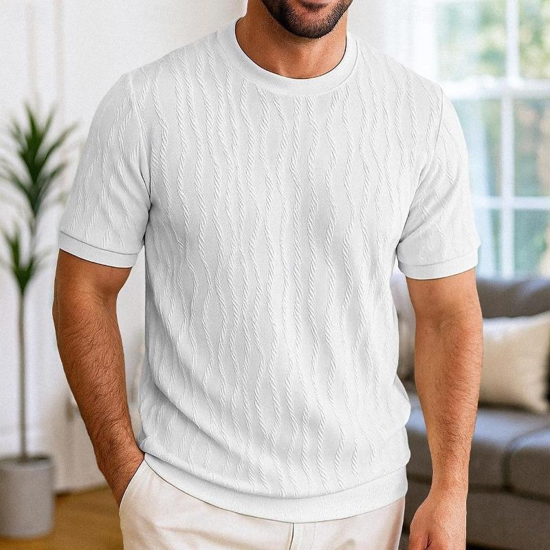 Camiseta Masculina Europeia Americana de Manga Curta Suéter Jacquard Gola Redonda Pulôver Canelado