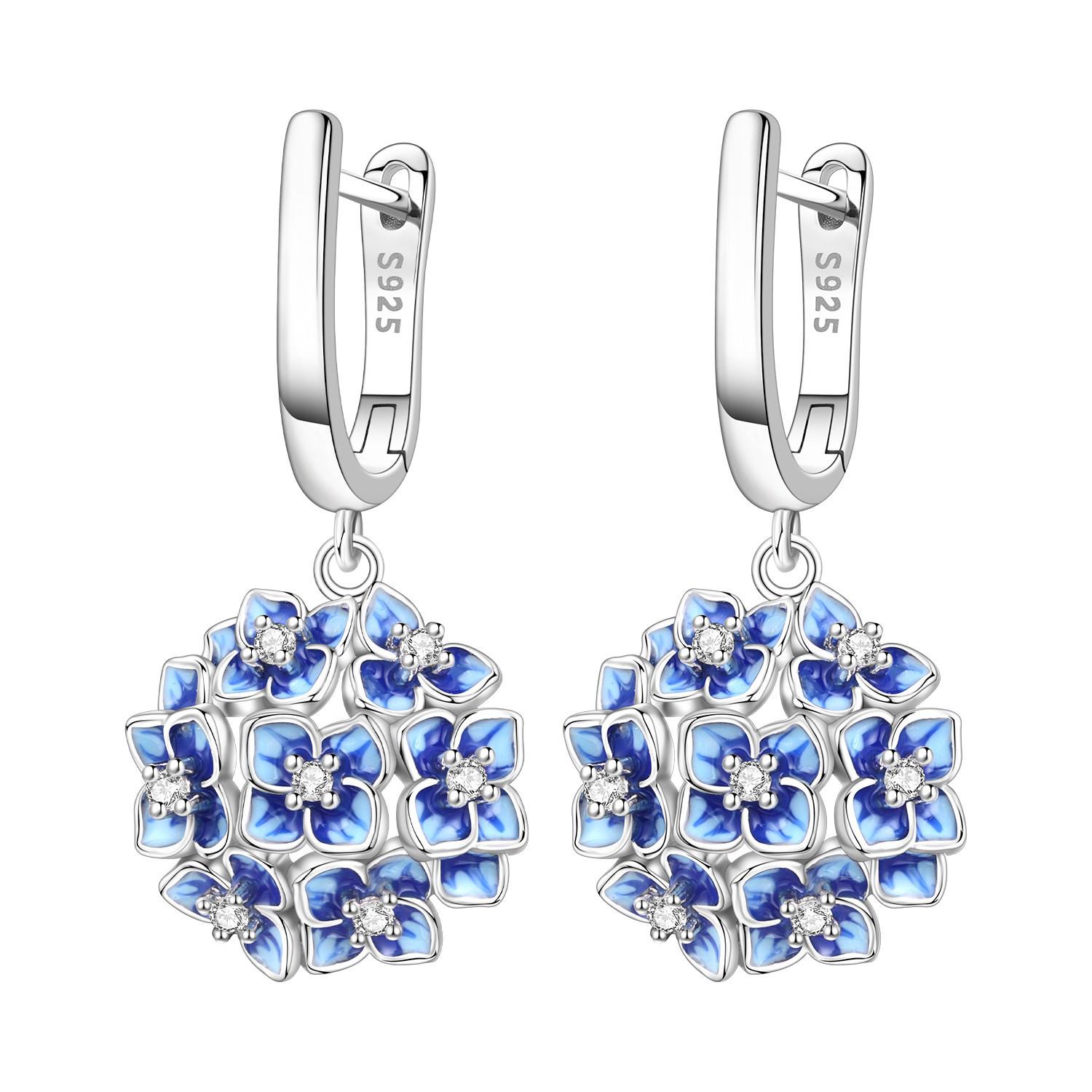 

925 Sterling Silver Blue Hydrangea Flower Drop Earrings Women Earrings Charm Fashion Versatile Party Jewelry Gifts