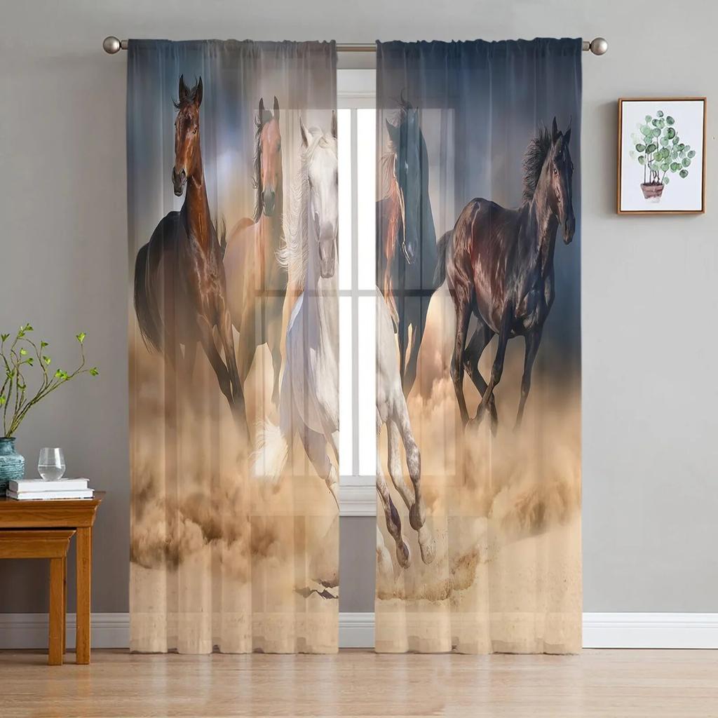 Black White Horse Watercolor Painting Tulle Sheer Window Curtains for Living Room Kitchen Children Bedroom Voile Hanging Curtain