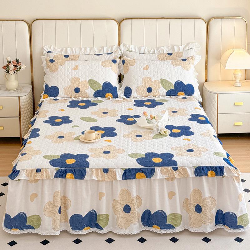 Thickened Pure Cotton Padded Bed Skirt Bedspread Cotton Padded Ruffle Edge Protection Non-slip Pillowcase Bedspread Cover