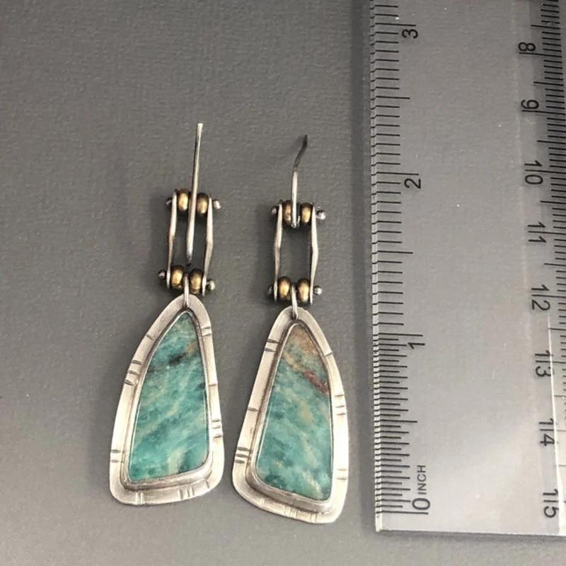 Long Irregular Triangle Pattern Hook Earrings Vintage Two Tone Metal Carving Personalized Handmade Dangle Earrings for Women