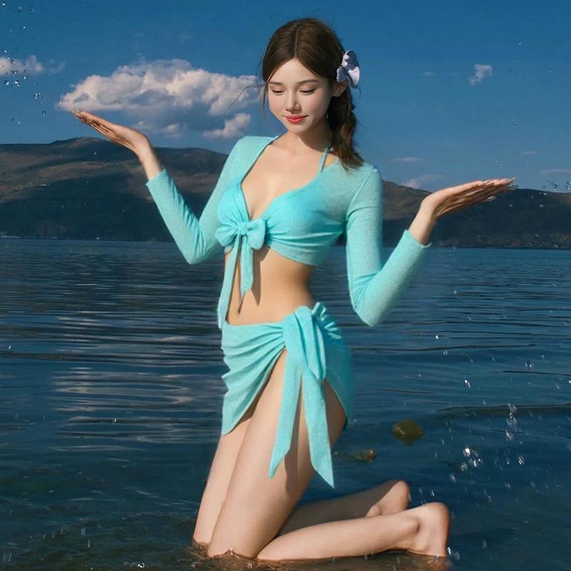 1011 New Women's Swimsuit Four-Piece Set Split Long Sleeve Sun Protection Swimwear Vacation Beach Yellow Pure Desire Bikini