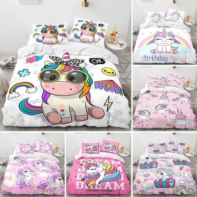 Cartoon Unicorn Duvet Cover King Queen Lovely White Mythical Animal Bedding Set Kids Girl Colorful Rainbow Polyester Quilt Cover