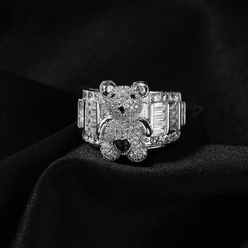 Cute Bear Diamond Ring Women's Adjustable Niche Design Ins Wind Advanced Sense Ring Index Finger Ring