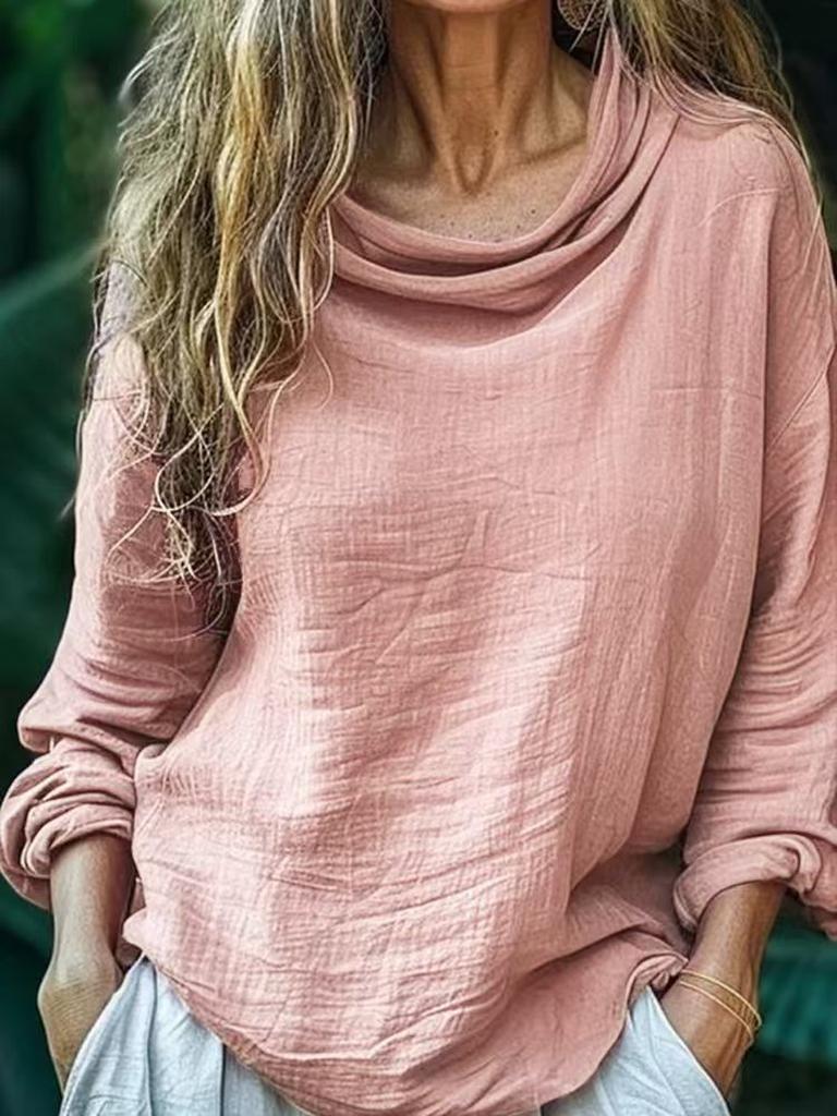 Spring New Women's Casual Loose Fashion Long Sleeve Solid Pile Knit Turtleneck Ruffled Top
