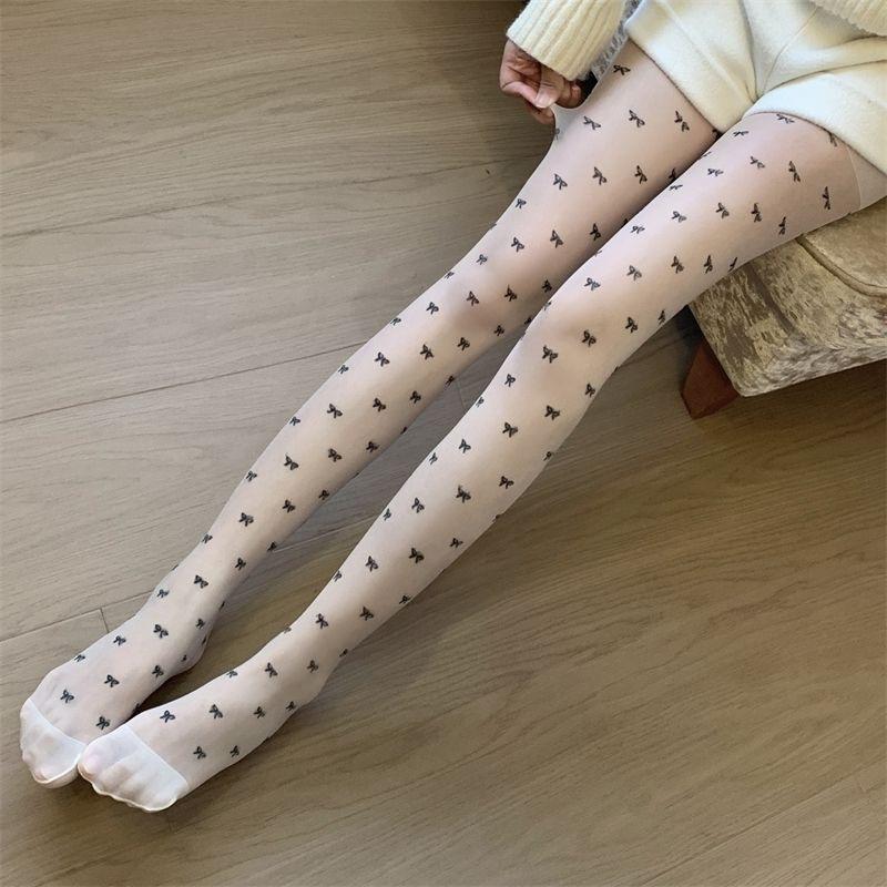 Black Bow Stockings Thin Summer Sexy Black Stockings Milk White Jacquard Pantyhose