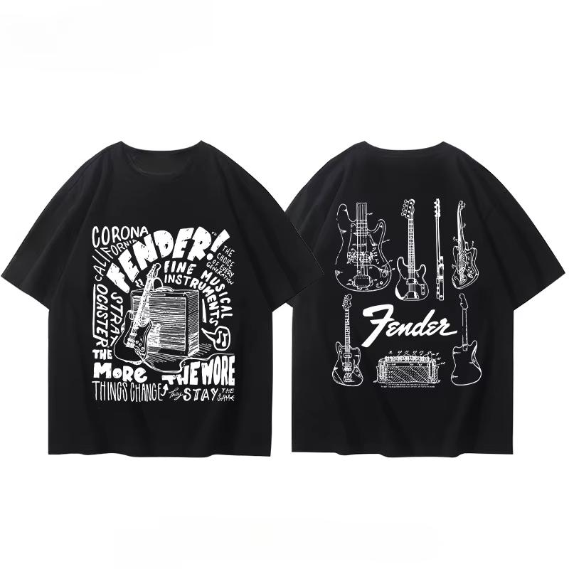 Summer Men T-Shirt Fender Electric Guitar Band Short Sleeved Boys and Girls Summer Guitarist Costumes Around Printed T-shirt