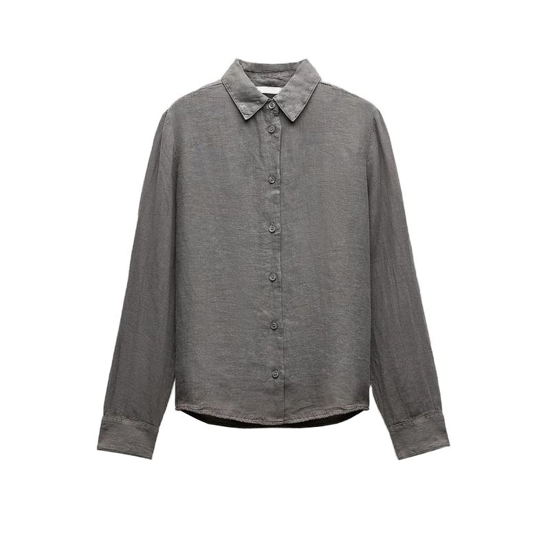 Spring New Lapel Long Sleeves Linen Blended Shirt 4877100 Mid Waist Shoelace Wide Leg Pants 4877101