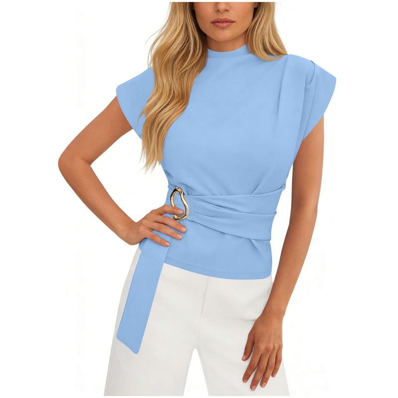 Summer New Style Fashionable Simple Half Turtleneck Short-sleeved T-shirt with Waist Design for Women's Tops