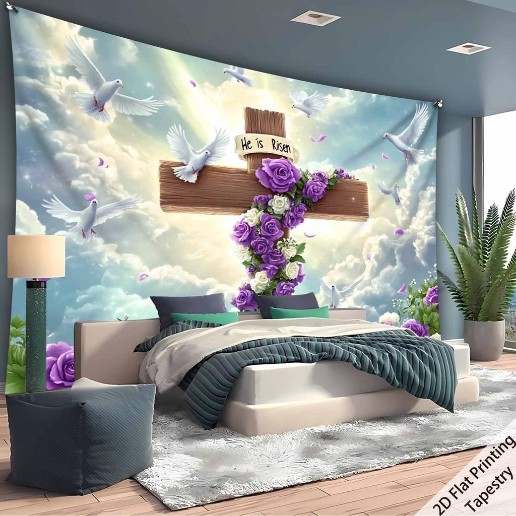 Purple rose and white dove cross Digital printing polyester wall tapestry suitable for use in living rooms offices bars party