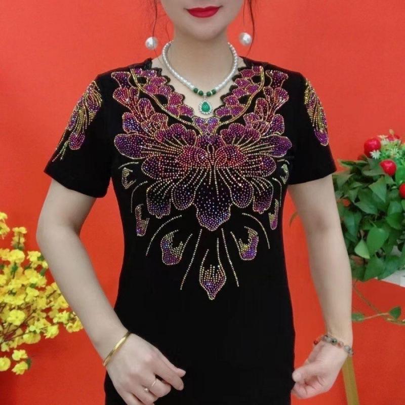 

2025 Summer Loose Red Peony Print Women s Round Neck Short-Sleeve Top L