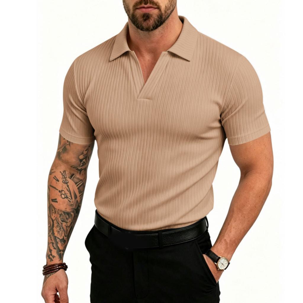 Men's Stretch Breathable Polo Shirt V Neck Ribbed Knit Short Sleeve T Shirt Casual Lightweight Summer Top