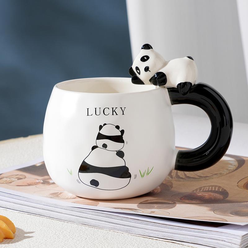 Cartoon Panda Single Cup with Handheld Ceramic Cup Cute Set Mug Large Capacity Office Breakfast Water Cup Gift