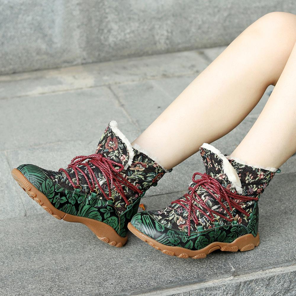 Johnature Botas curtas de inverno femininas quentes e confortáveis, feitas à mão, em couro legítimo, estampado, emendado, pelúcia, retrô