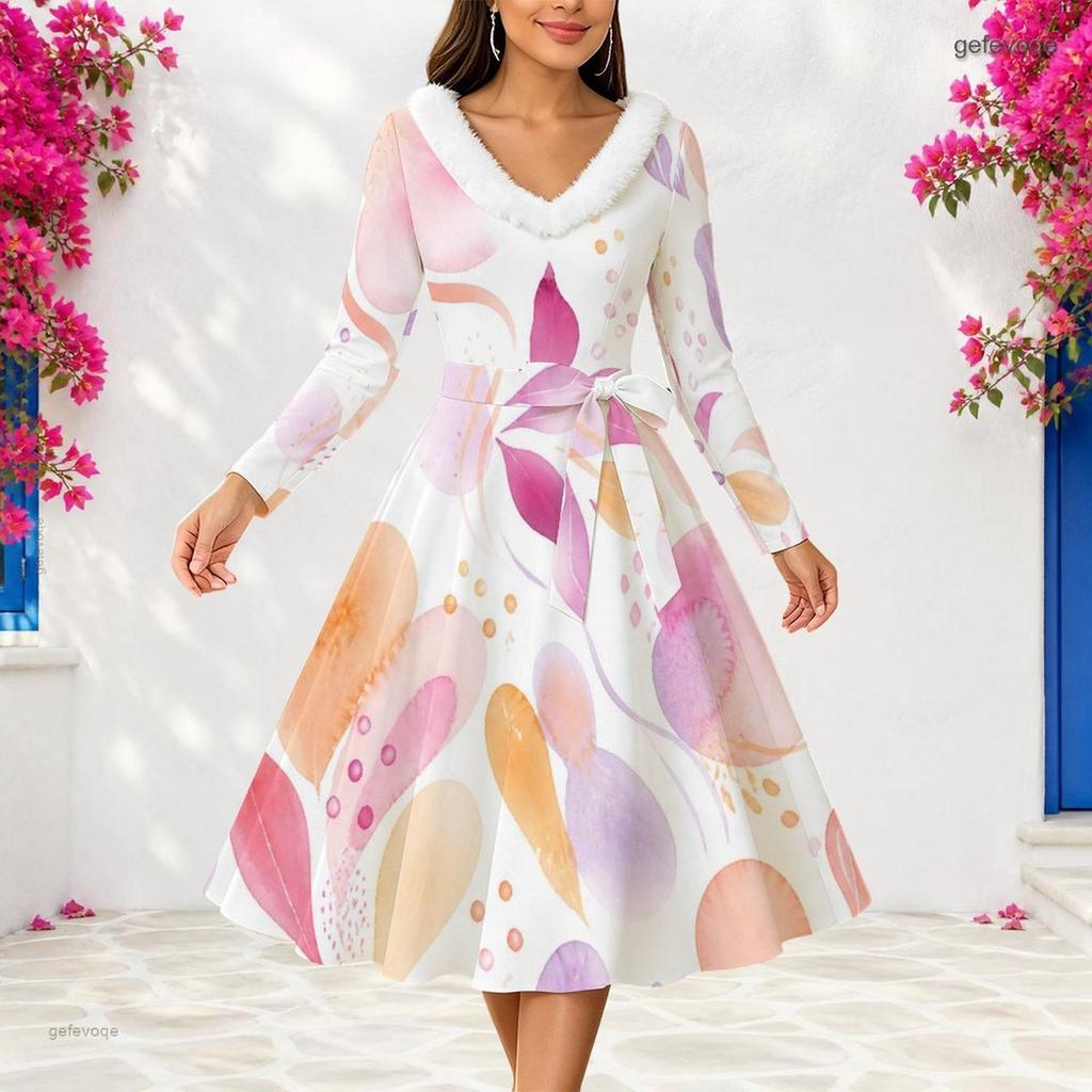 Women Plus Size Furry V Neck Long Sleeve Dark Blue Abstract Print Belted A Line Midi Dress
