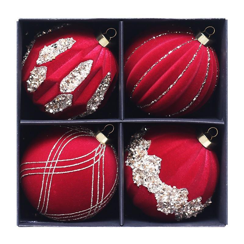 10cm Flocked Christmas Balls 4pcs Gift Box Set Glitter Rhinestone Tree Decorations
