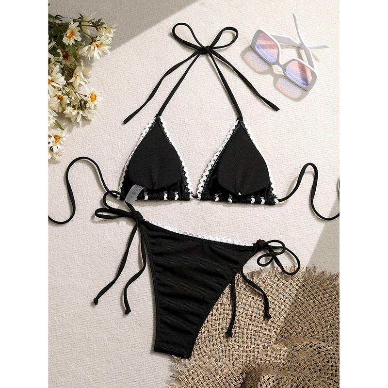 Sexy Crochet Bikini Women Black White Weave Patchwork Push Up Micro Swimsuit Brazilian Bathing Suit Tie Side Thong Swimwear