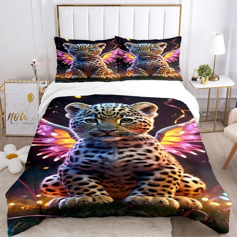 3pcs Leopard Print Wings Duvet Cover Set, Cover For Bedroom Guest Room (1 Duvet Cover + 2 Pillowcase, Without Quilt), yy250922164