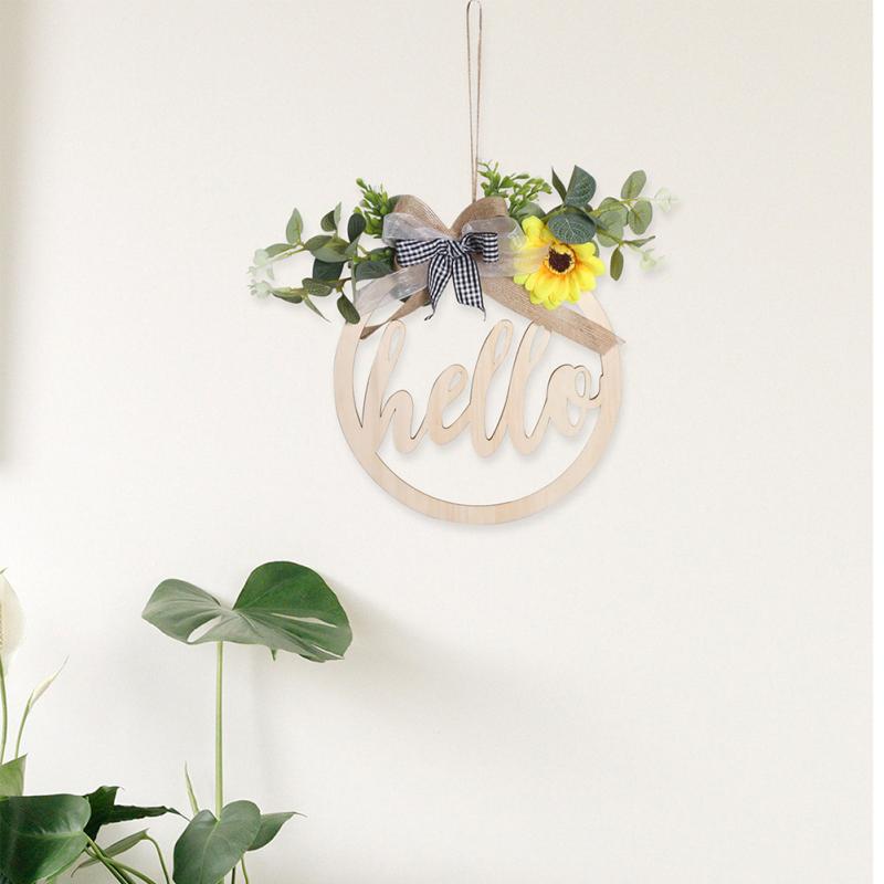 Round Outdoor Hanging Ornament Wooden Pendant Welcome/hello Sign Wreath Set With Bow Home