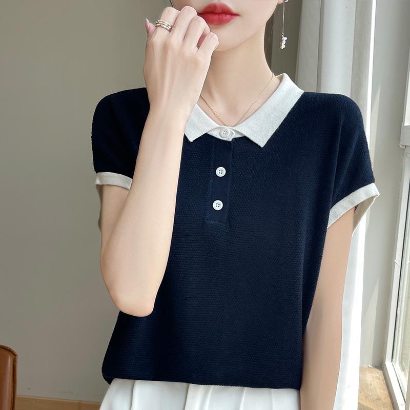 

Korean Style Polo Neck Patchwork Short Sleeve Women s Summer Knit Top Medium
