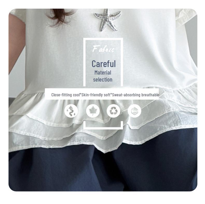 Girls' Lace Half-Sleeve Top & Nine-Point Bloomer Summer Set - Korean Style