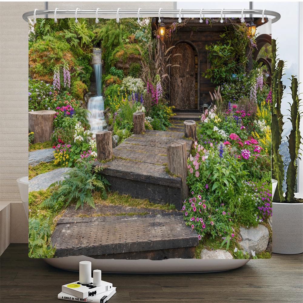 Flowers Scenery Waterproof Shower Curtains Rural Street Flowers Bathroom Curtains Polyester Fabric Washable Decor Bath Curtains