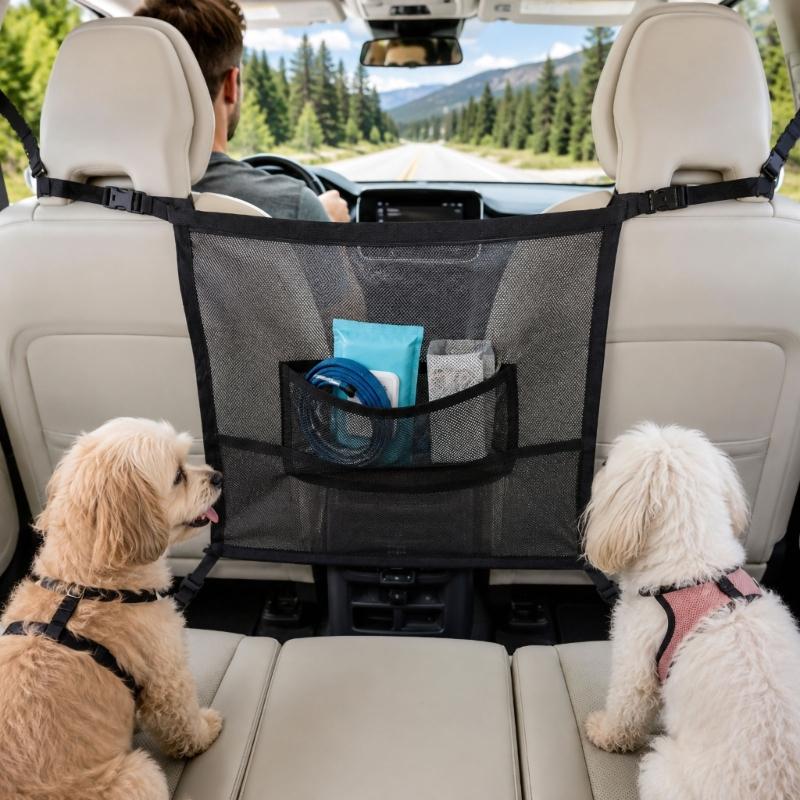Dog Car Barrier Mesh Screen with Rear Seat Divider, Headrest Mount, Center Pocket and Cabin Partition for Daily Driving, 69 X 59 Cm