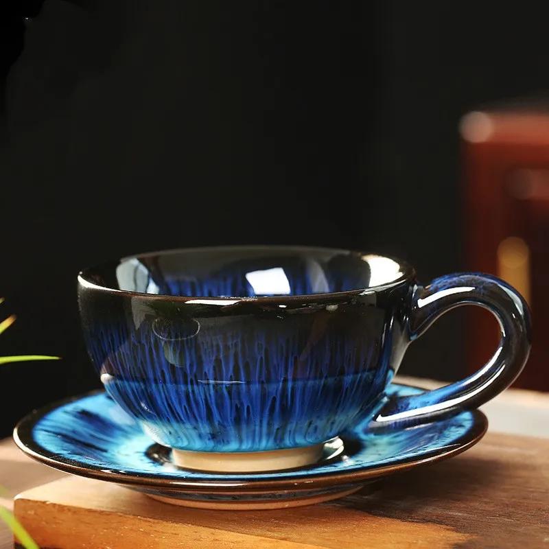Ceramic Kiln Changed Coffee Cup and Saucer Set Creative Vintage Chinese Breakfast Cups Afternoon Tea Drinking Utensils