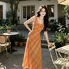 French Temperament Swinging Neck Plaid Dress Summer New Vacation Style Dating Waist Dress Women's Clothing