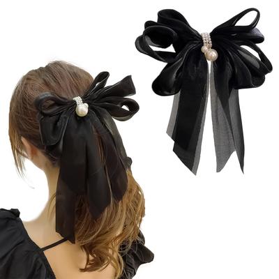 ANNACREATIONS 1 Pc Stylish Hair Bow Shiny Large French Big Bow with Pearls Hair Barrette Clip Pearls Hair Clip Hair Accessories Silk Bow Hairclip Fo