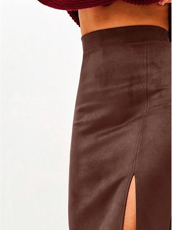 Cross Collection: 2025 Suede High-Waist Slit Skirt - Elegant Mid-Length Hip-Hugging Design for Spring & Autumn