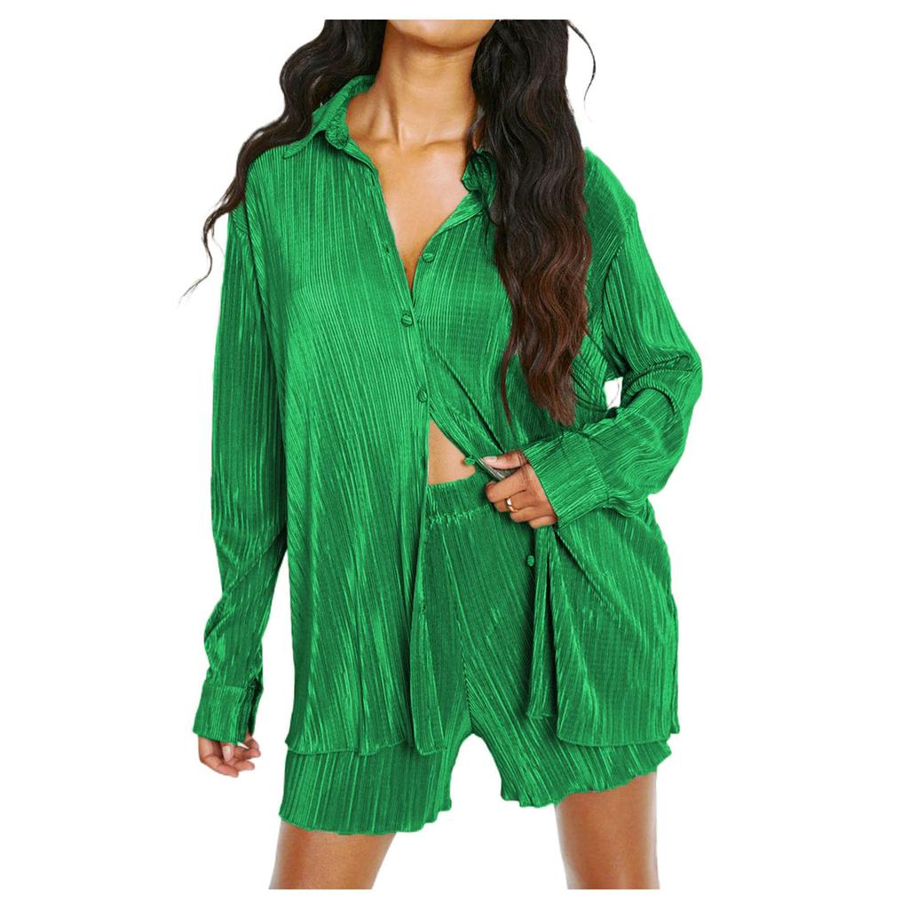 Women's 2 Piece Casual Outfits Long Sleeve Button Down Shirt High Waist Short Pants Loungewear Streetwear