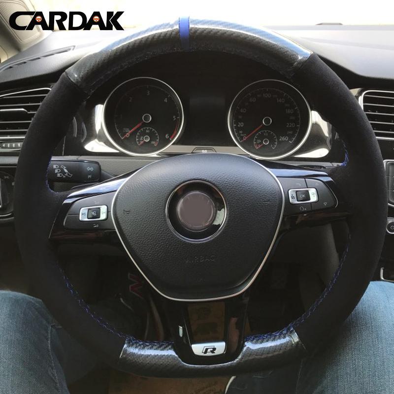 CARDAK Hand-stitched Black Suede Steering Wheel Cover for Volkswagen VW Golf 7 Mk7 New Polo Jetta Passat B8