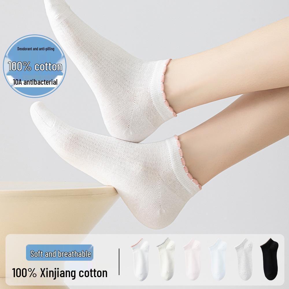 Damen-Kniebundsocken aus reiner Baumwolle mit Spitze - Antibakteriell, Hohe Elastizität, Atmungsaktiv, Vertikale Streifen für Frühling und Herbst.